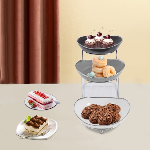 3-Tier Fruit Stand, Silver Electroplated Iron Frame with Ceramic Bowls, 15.43lbs Capacity, Ideal for Home and Coffee Shop Display