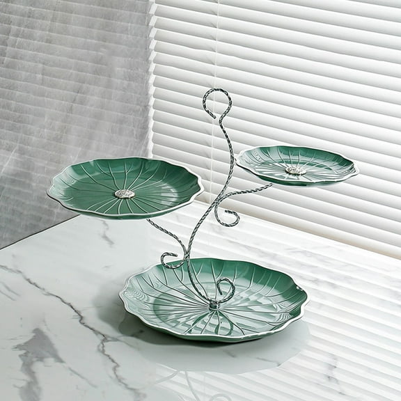 3-Tier Fruit Tray with Handle - Plastic Snack Serving Tray for Candy, Dried Fruits, Desserts - Beige or Green Leaf Design - 40x32x26cm Storage Tray