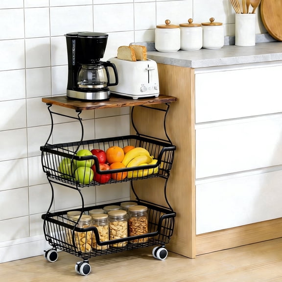 WASUHE 3-Tier Utility Rolling Cart, with Lockable Wheels,Fruit Vegetable Storage Basket Organizer Cart, Metal Storage Trolley for Kitchen Black
