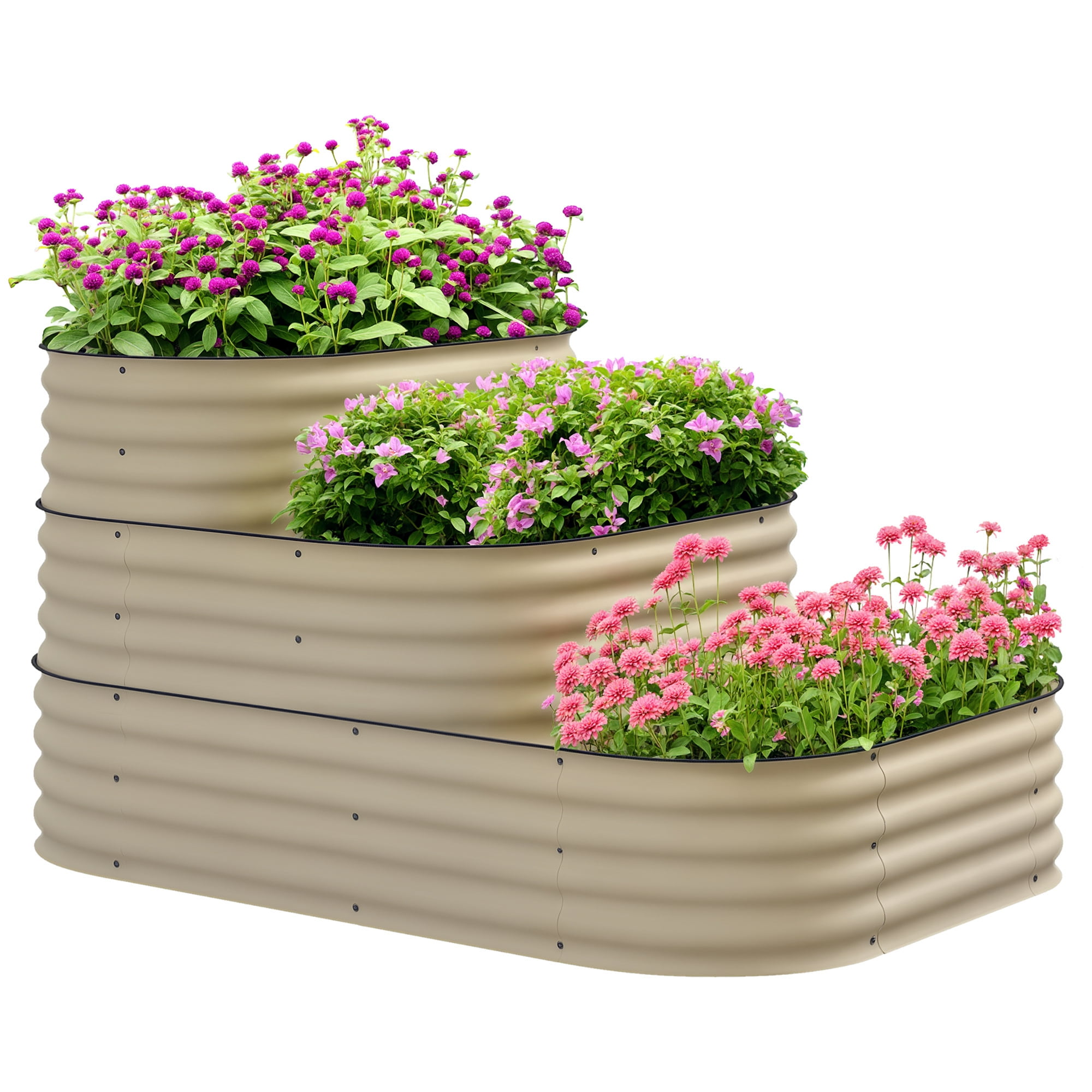 3-Tier Galvanized Steel Raised Garden Bed Kit, 3 Combining Planter Boxes with Rubber Strip Edging, Open Bottom for Backyard, Garden, Patio, Cream White