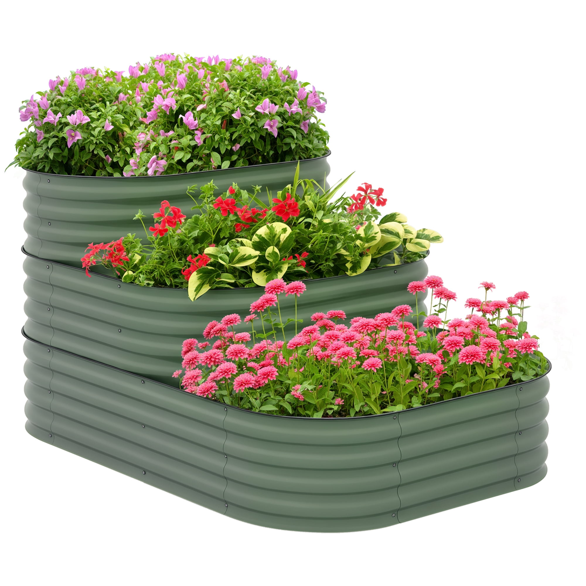 AsterOutdoor 3-tier Galvanized Steel Raised Garden Bed Kit, 62.25 inch x 43 inch x 32.25 inch, 3 Combining Planter Boxes with Rubber Strip Edging