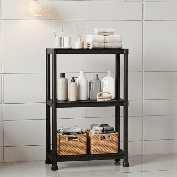 3-Tier Garage Storage Shelf, PP Plastic, 100 lbs per Shelf, Tool-Free Assembly, Black, 24" x 12.5" x 37"