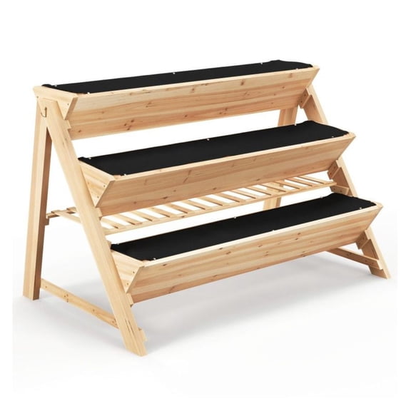 3-Tier Garden Bed with Storage, Hanging Hooks & Liners - Outdoor Raised Planter Box - Fir Wood Vertical Plant Stand for Patio, Balcony