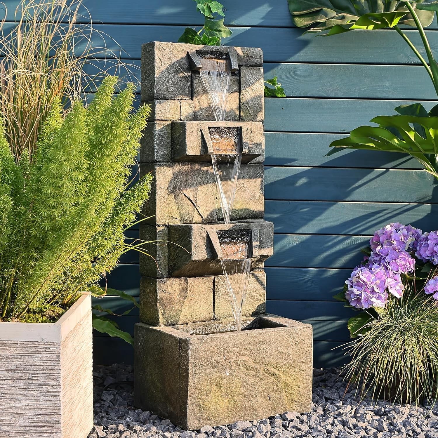 32.2" 3-Tier Outdoor Garden Water Fountain with LED Lights, Mossy Stone Cascading Resin Waterfall Feature for Patio, Yard, or Porch Decor