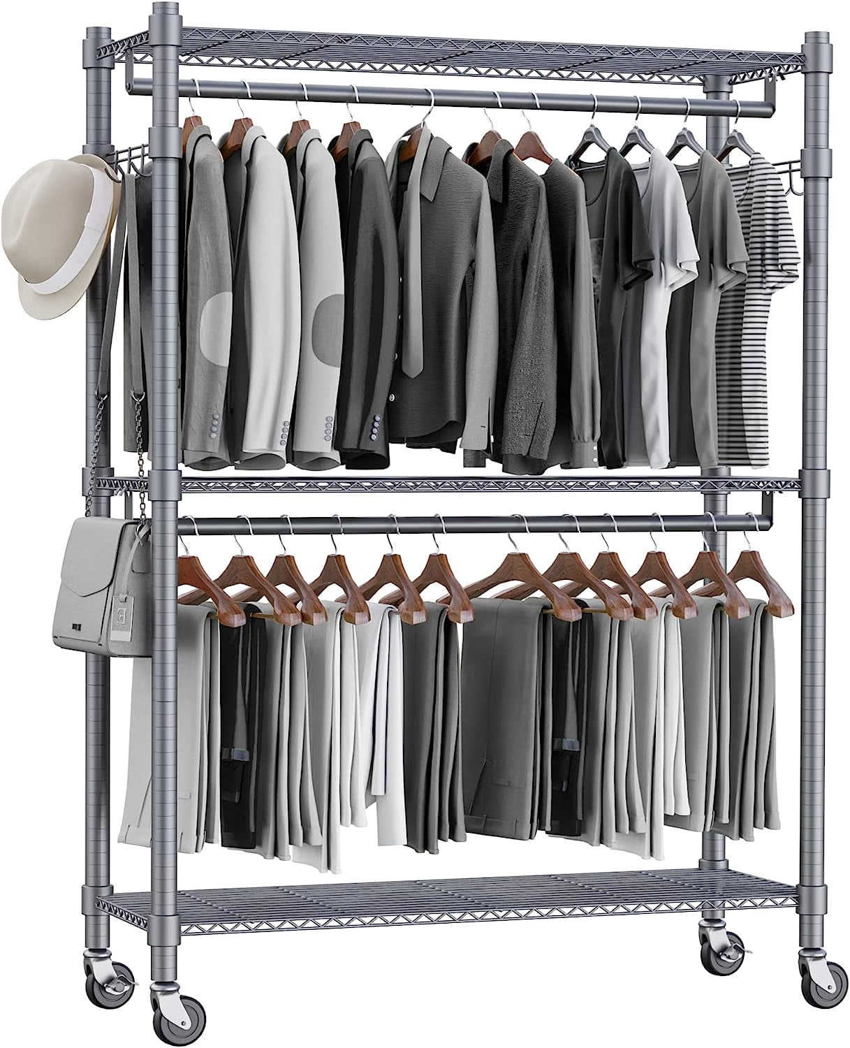 3 Tier Garment Rack with Wheels, Portable Closets for Hanging Clothes ...