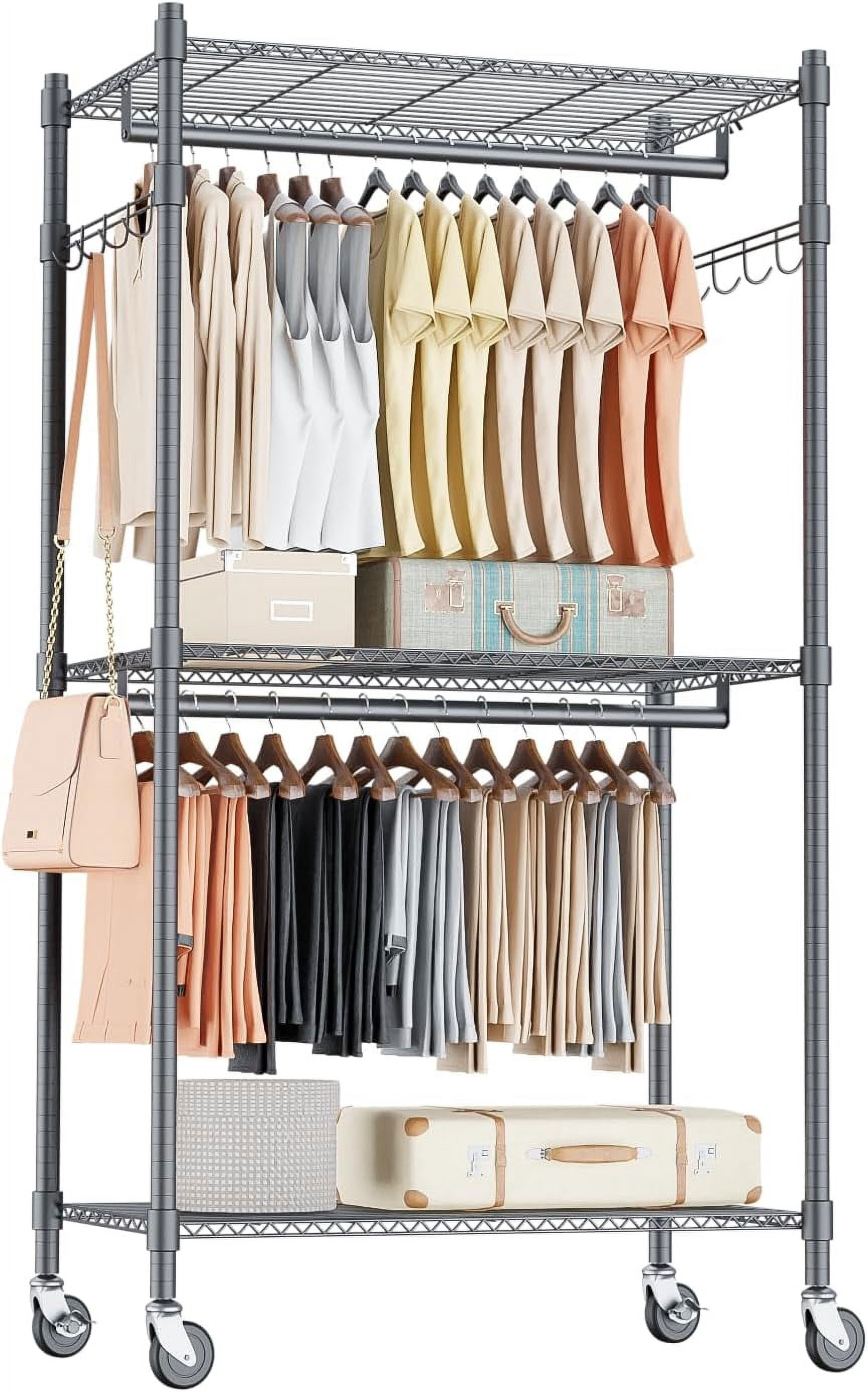 3 Tier Garment Rack with Wheels Portable Closets for Hanging Clothes ...