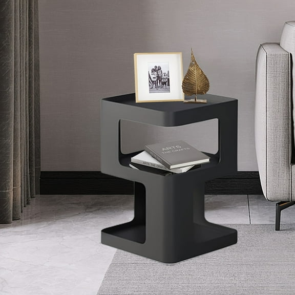 3-Tier Geometric Side Table - Modern Black Display Cabinet with Rabbit Figurine & Mug Holder. Space-Saving for Living Room, Bedroom, or Office - Easy Assembly.