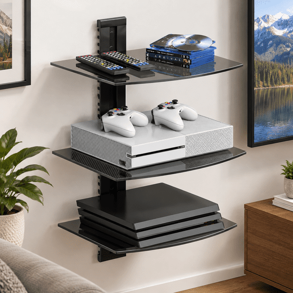 3 Tier Glass Black Floating Shelf, 15 x 11 Inch, Wall Mount for Media Devices