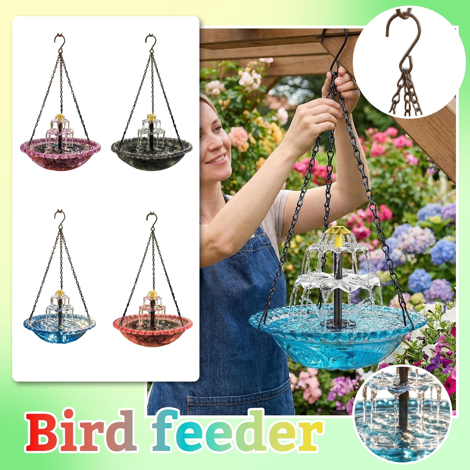 3-Tier Glass Hanging Bird Bath with Solar Pump, Outdoor Cascading Water Fountain for Garden, Patio & Backyard, Attracts Hummingbirds (Pink)