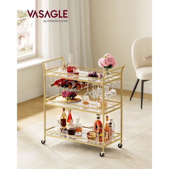 VASAGLE Bar Cart Gold, Large Home Bar Serving Cart with 3-Tier Mirrored Shelf, Wine Holders, Glass Holders, Kitchen, 15 x 33.9 x 35.4 Inches, Gold