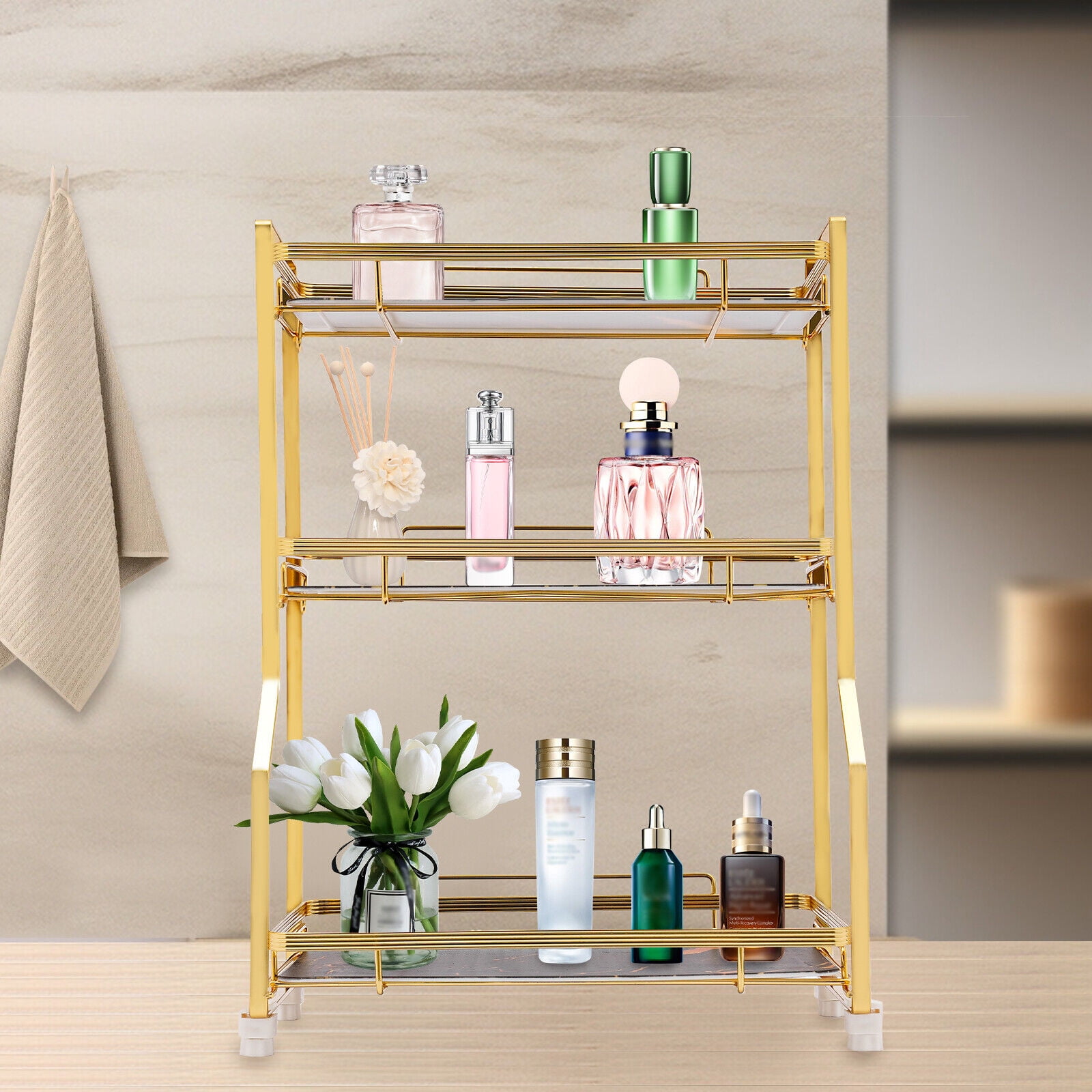 3 Tier Gold Countertop Organizer Bathroom Vanity Counter Box W/ Storage Basket