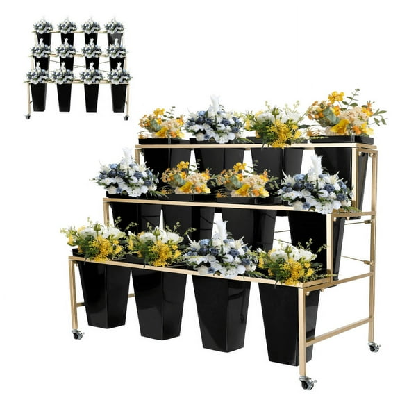 3-Tier Golden Rolling Flower Display Stand  with 12 Black Pots - Equipped with Heavy - Duty Wheels and Sturdy Metal Frame - Perfect for Gardens, Patios, Balconies & Flower Shops