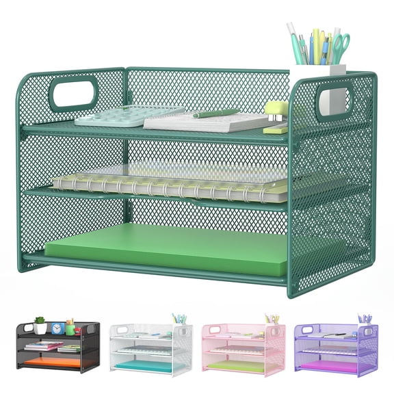 3 Tier Green Letter Tray Paper Organizer With Handle Mesh Desk Sorter File Rack Shelves