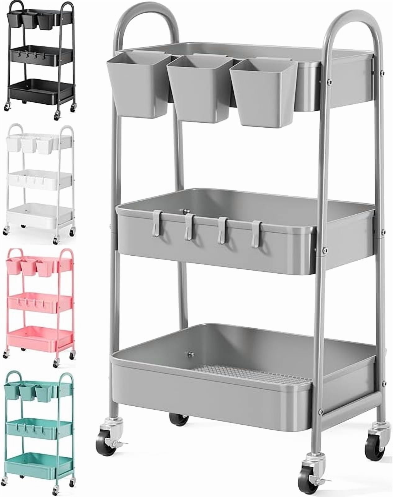 3 Tier Green Metal Rolling Cart with Lockable Wheels and Handle, 3 Tiered Utility Storage Organizer Carts for Teachers, Arts, Craft, Snack, Book, Bedside, Nursery, Cleaning Supplies, Easy Assembly