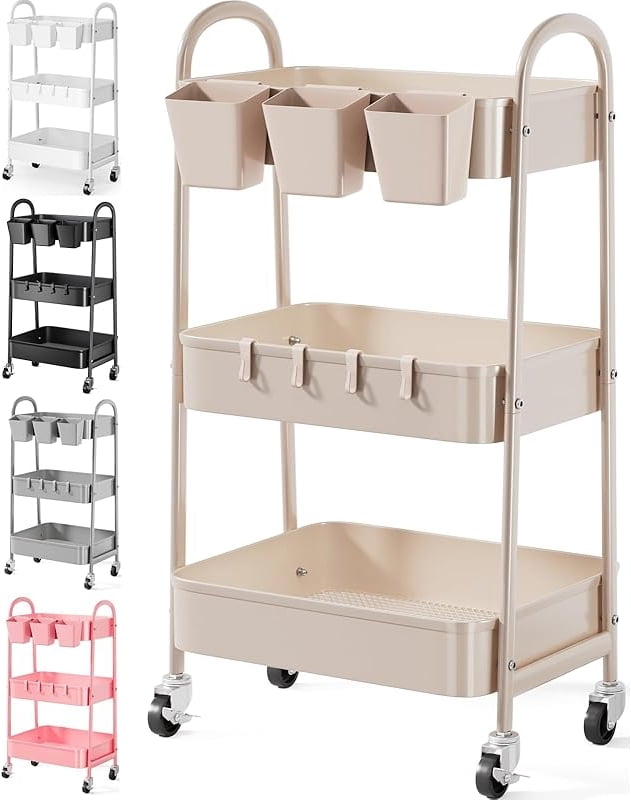 3 Tier Green Metal Rolling Cart with Lockable Wheels and Handle, 3 Tiered Utility Storage Organizer Carts for Teachers, Arts, Craft, Snack, Book, Bedside, Nursery, Cleaning Supplies, Easy Assembly