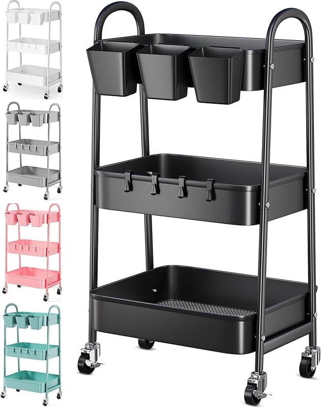 3 Tier Green Metal Rolling Cart with Lockable Wheels and Handle, 3 Tiered Utility Storage Organizer Carts for Teachers, Arts, Craft, Snack, Book, Bedside, Nursery, Cleaning Supplies, Easy Assembly