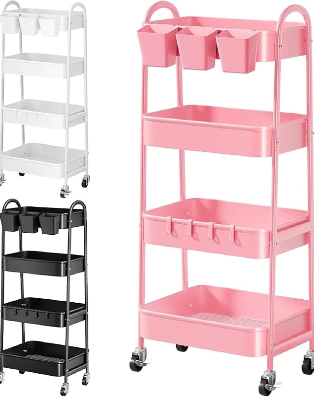3 Tier Green Metal Rolling Cart with Lockable Wheels and Handle, 3 Tiered Utility Storage Organizer Carts for Teachers, Arts, Craft, Snack, Book, Bedside, Nursery, Cleaning Supplies, Easy Assembly