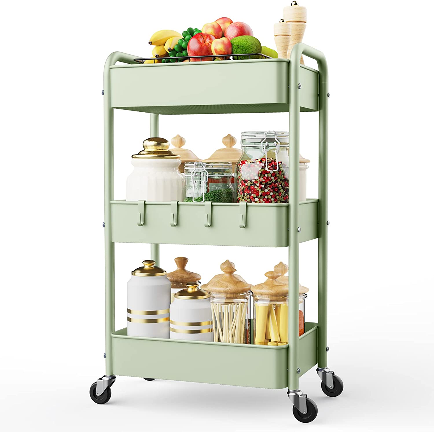 3 Tier Rolling Storage Cart, Metal Trolley Utility Cart with Wheels & Hooks, Easy Assembly Organizer Storage Cart for Bathroom Kitchen Office Bedroom