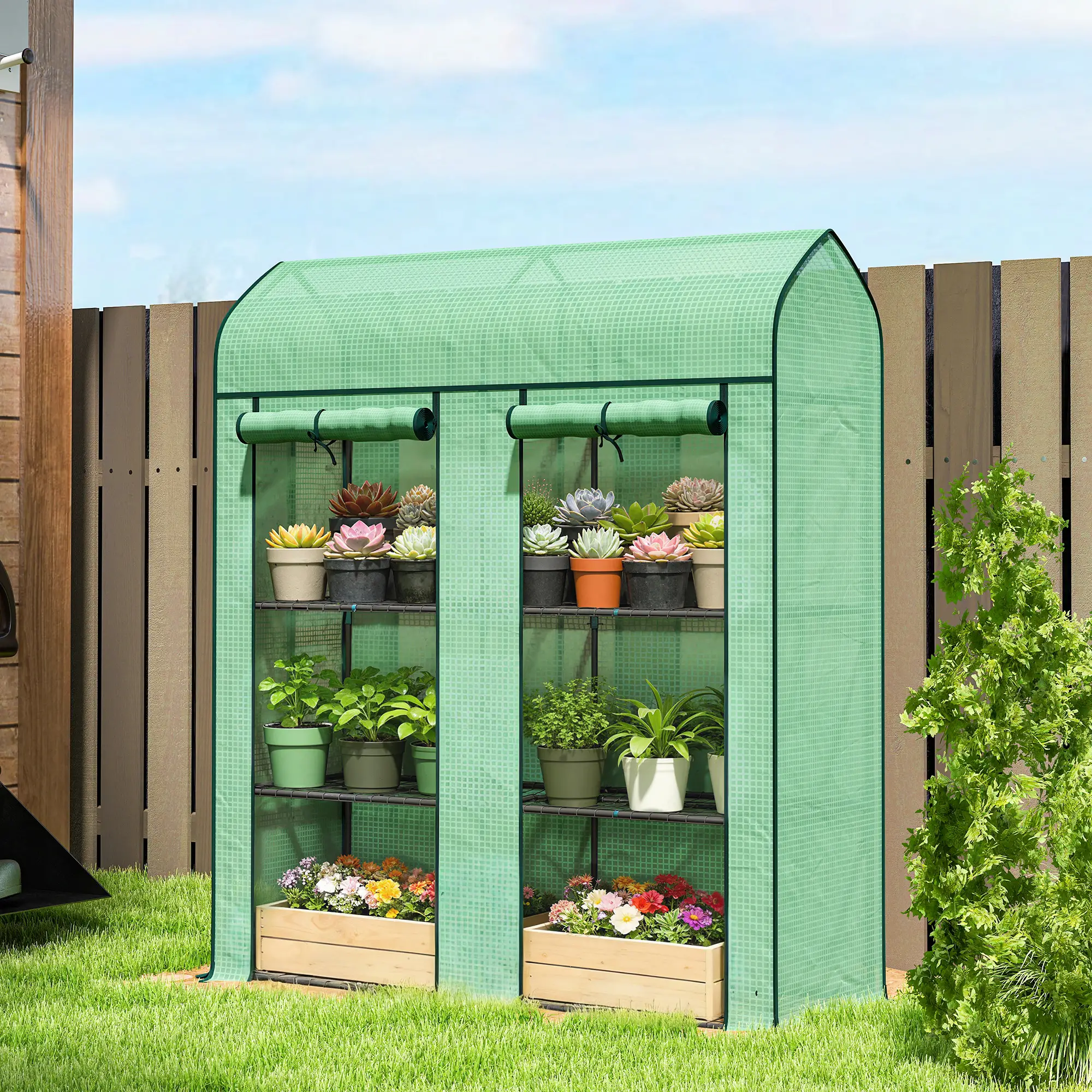 3-Tier Greenhouse with 140gsm PE Cover, Roll-Up Zippered Doors, Pointed Roof, Powder-Coated Steel Frame, Outdoor Portable Plant Green House