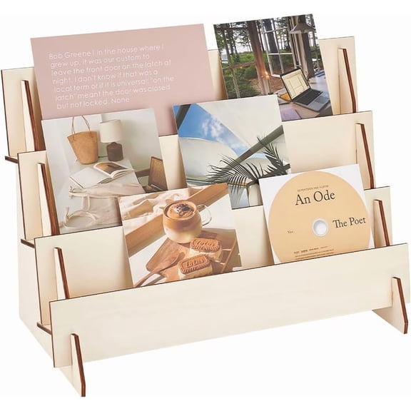 3-Tier Greeting Card Display Stand Wooden Sticker Display Stand Wooden Stickers Display Risers Greeting Card Organizer Display Stand for Card Stickers Jewelry Showcase 15x7.5x11 inch for DIY