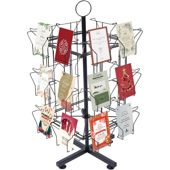3-Tier Greeting Card Rack, 24 Pocket Display Stand Spinning, Metal Pocket Display Stand Fit 5 x 7 Inch, Floor Stand Pocket Rotating Holder for Stickers, Brochures, Postcards, Gift Cards