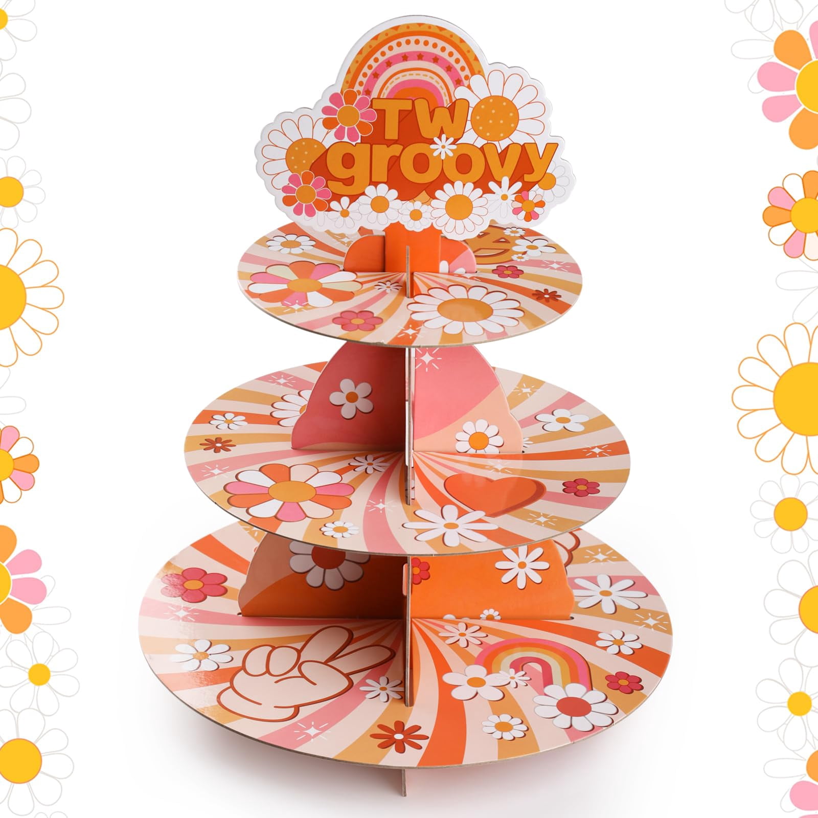 3-Tier Groovy Hippie Cupcake Stand - Retro Boho Dessert Tower For Birthday Parties, Rainbow Daisy Theme