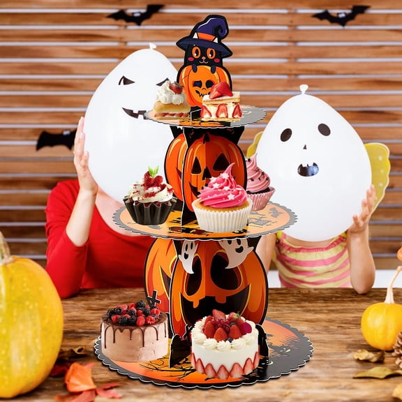 3-Tier Halloween Cupcake Stand – Pumpkin Stack Dessert Display Holder for Spooky Party Table, Haunted House Treats, Trick-or-Treat Setup, and Halloween Decorations
