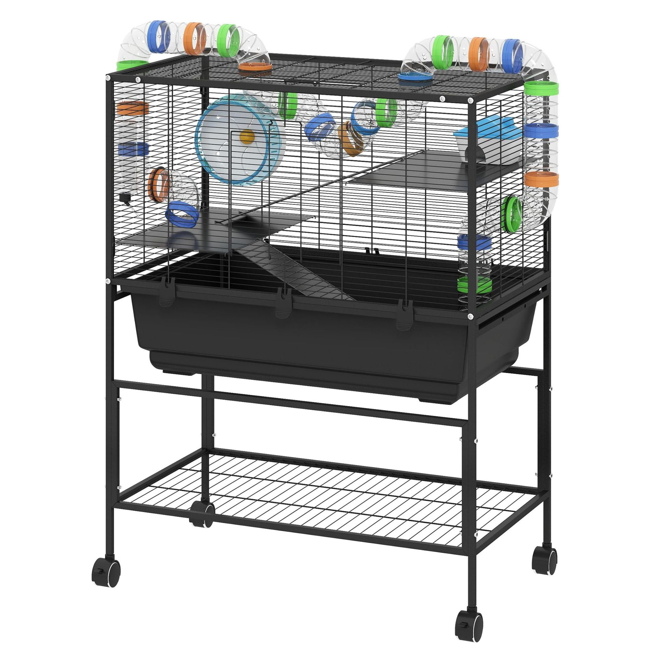 Hamster Cage 3 Tier, Rolling Rat Cage with Deep Tray, Exercise Wheel & Hut - Spacious Small Animal Habitat for Syrian Hamsters, Gerbils