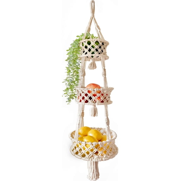 3 Tier Hanging Basket, Beige, Space Saving Kitchen Produce and Plant Holder
