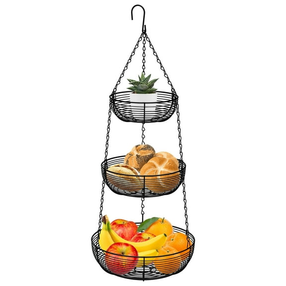 3-Tier Hanging Basket Fruit Organizer Kitchen Heavy Duty Wire Organizer with 2 Free Bonus Metal Ceiling Hooks, Black