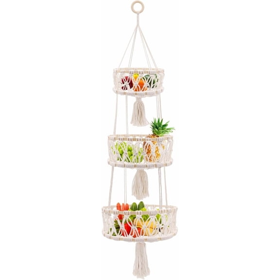 3-layer hanging basket, macrame woven basket for fruit and vegetable storage, kitchen decor Bohemian style hanging plant rack