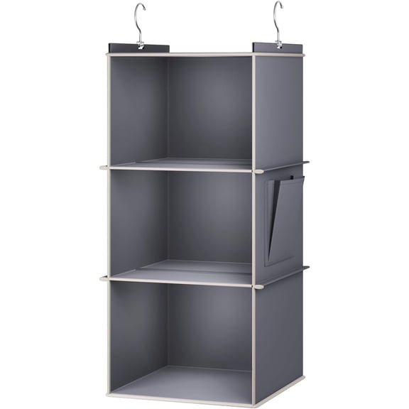 3-Tier Hanging Closet Organizer with Hooks - Foldable Storage Shelves for Clothes, Grey Space-Saving Shelf 