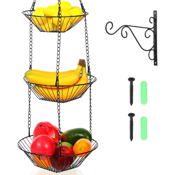 3 Tier Hanging Fruit Basket with Banana Hook, 34-Inch Heavy-Duty Wire Basket, Vegetable Produce Organizer Installation Bracket for Kitchen Storage Potato