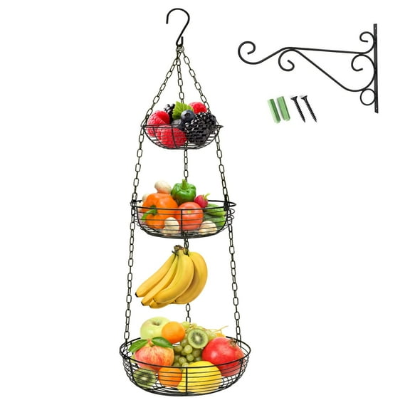 3 Tier Hanging Fruit Basket with Banana Hook, Heavy Duty Wire Hanging Baskets for Kitchen Storage, 36 Inch Hanging Vegetable Produce Basket Organizer (Including Installation Bracket)