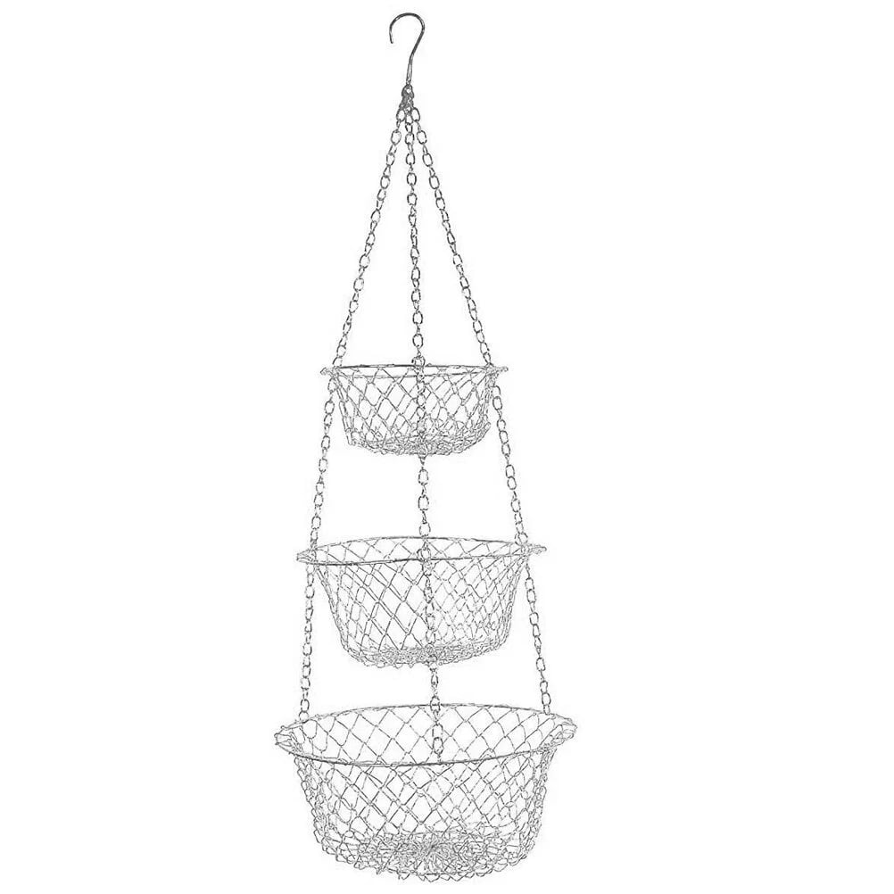 3-Tier Hanging Fruit Basket  Heavy Duty Iron Wire Storage Rack for Vegetables, Snacks & Bread, Rust-Resistant Silver Finish, Space-Saving Kitchen Storage, Hangs or Sits on Countertop