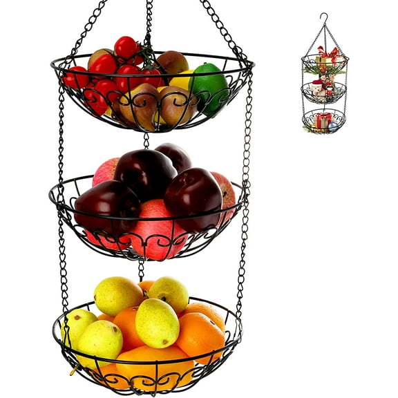 3-Tier Hanging Fruit Basket, Heavy Duty Wire Baskets for Kitchen, Rustic Hanging Veggie Rack, Metal Fruit Holder with Hook Storage for Potatoes, Onions, Oranges, Bananas, Limes, Lemons