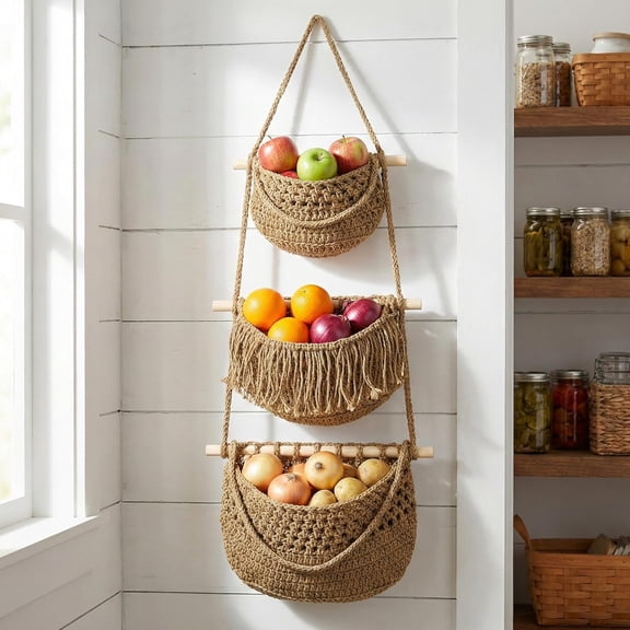 3 Tier Hanging Fruit Basket for Kitchen - Boho Macrame Woven Wall Storage for Onion and Potato, Space-Saving Cotton Rope Produce Organizer for Pantry & Bathroom