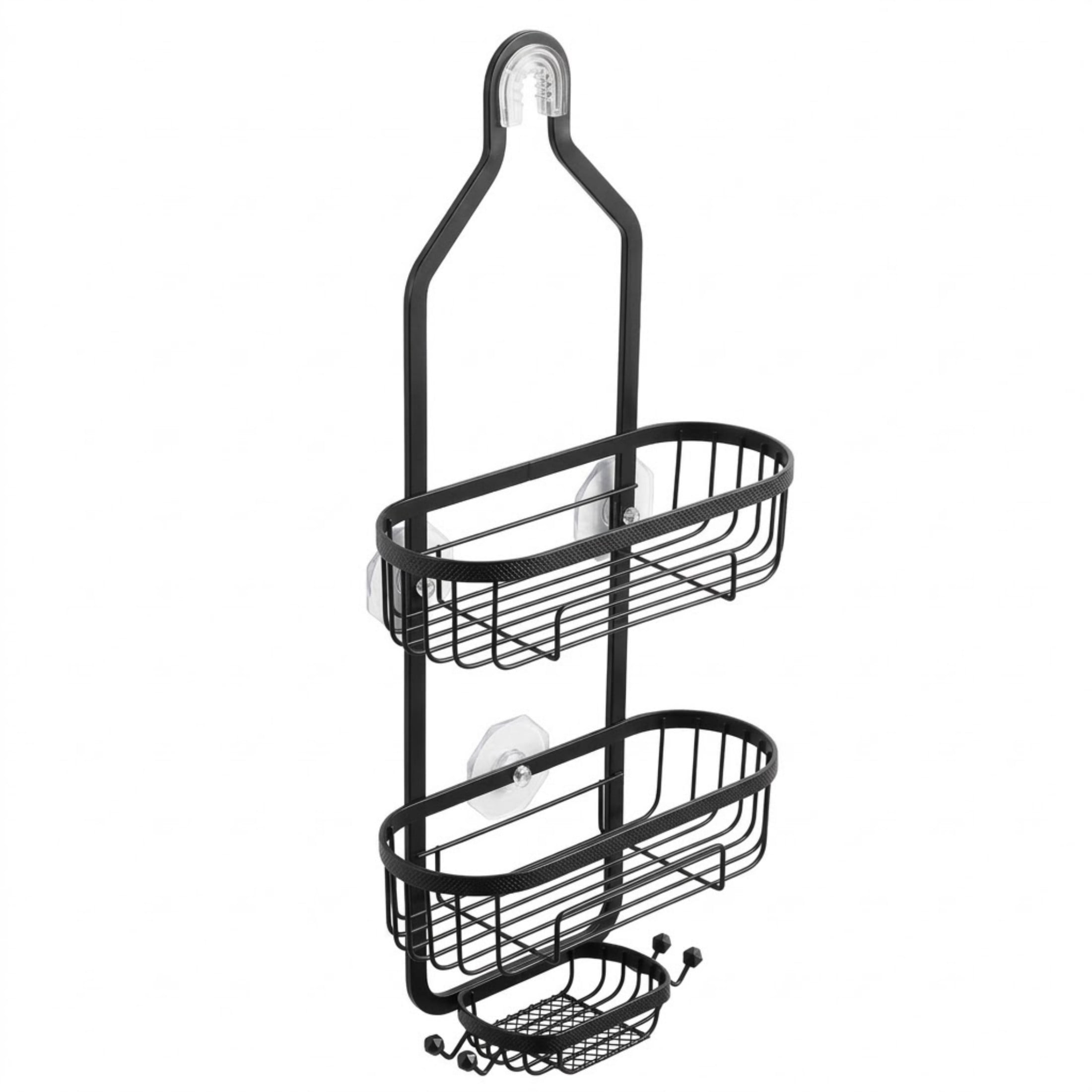 3-Tier Hanging Shower Caddy, Over-the-Shower-Head Bathroom Organizer with Soap Holder & Hooks, 40 lbs Capacity - Matte Black