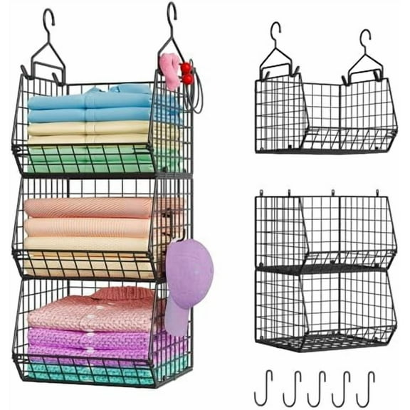 3-Tier Hanging Storage Organizer for Closet, Laundry & Utility Room | Space Saving Shelves with 1.65" Hook & 5 S-Hooks | Hanging Wire Baskets (12.4" W x 8.8" H x 10.24-11.8" D)