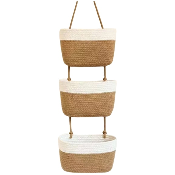 3 Tier Hanging Wall Storage Baskets - Woven Cotton Rope Wall Organizer for Bathroom, Kitchen, Bedroom, Boho Style Mounted Storage