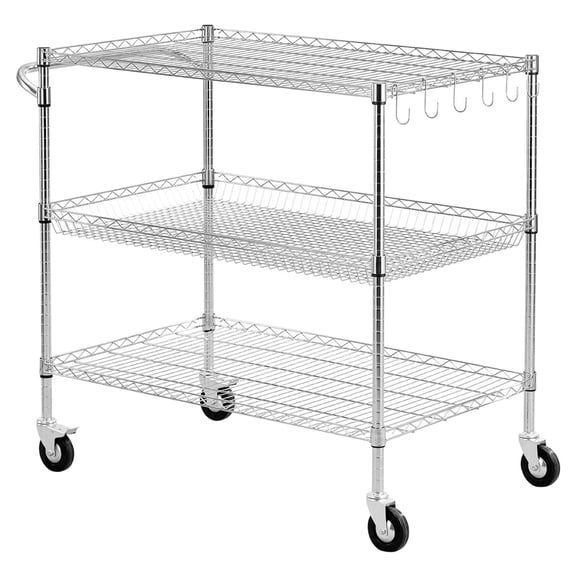 3 Tier Heavy Adjustable Wire Utility Cart, 40x25x40.9 in, Steel Rolling Work Table with Handle Bar for Garage Laundry