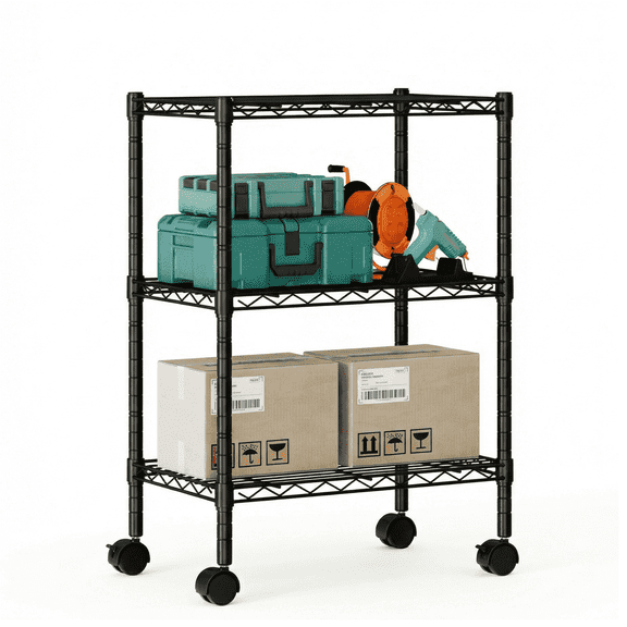 EDX 3 Tier Heavy Duty Adjustable Wire Shelving with Wheels, Storage Racks for Garage Kitchen Pantry Laundry Office, Easy Assembly, 23"W x 13"D x 31"H, Black