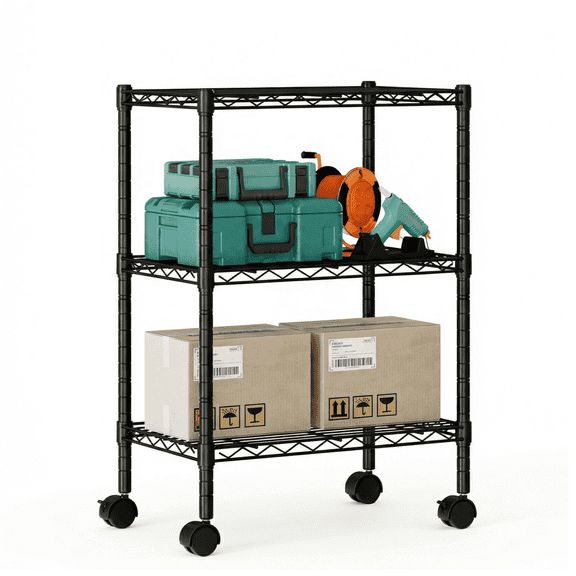 EDX 3 Tier Heavy Duty Adjustable Wire Shelving with Wheels, Storage Racks for Garage Kitchen Pantry Laundry Office, Easy Assembly, 23"W x 13"D x 31"H, Black