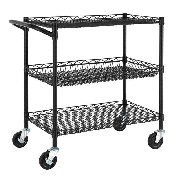 3-Tier Heavy Duty Chrome Wire Rolling Utility Cart with Push Handle & Brake Casters, Adjustable Steel Storage Trolley for Kitchen Restaurant Garage Plant Display
