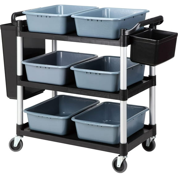3 Tier Heavy Duty Commercial Grade Utility Cart,Dish Cart for Restaurant,Multi-Function Mobile Shelving Unit Organizer ,Restaurant 6 Basin 2 Barrels