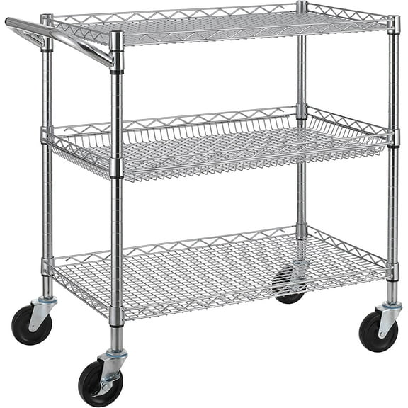 3 Tier Heavy Duty Commercial Grade Utility Cart, Wire Rolling Cart with Handle Bar, Steel Service Cart with Wheels, Utility Shelf Plant Display Shelf Food Storage Trolley, NSF Listed