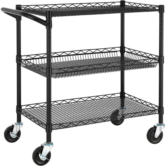 3 Tier Heavy Duty Commercial Grade Utility Cart, Wire Rolling Metal Trolley with Handle Bar, Steel Kitchen Service Cart with Wheels, Storage Trolley Wheels, NSF Listed, Black