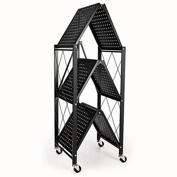 3-Tier Heavy Duty Foldable Metal Storage Rack with Wheels, 750 Lbs Load Capacity, Black Rolling Organizer for Garage, Kitchen and Multi-Purpose Storage