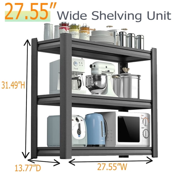 3-Tier Heavy Duty Garage Shelving - 1600LBS Load, 35.5"W Adjustable Black Steel Storage Rack for Garage Household Balcony