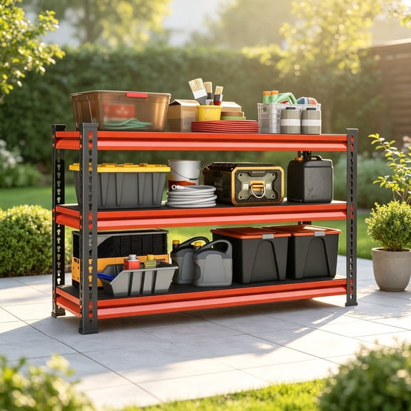 3-Tier Heavy-Duty Garage Shelving 48" Wide, 1,530 lbs Capacity, Adjustable Utility Rack, Red, 48"x18"x39"